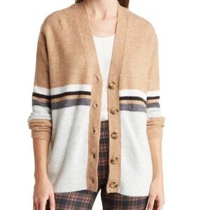 VINCE CAMUTO Engineered Stripe Cardigan In Latte Heather